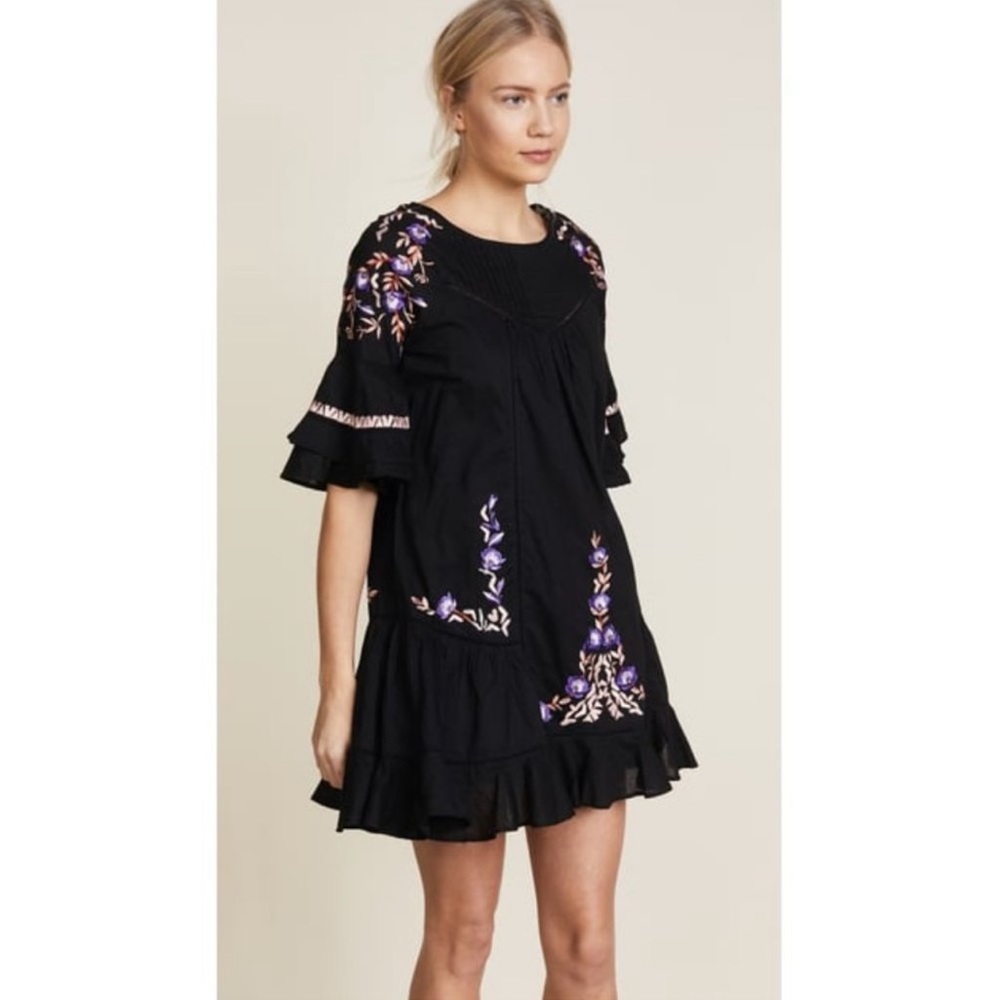 Free People Pavlo Embroidered Babydoll Tunic Mini Dress Black Floral Boho XS - Picture 5 of 12